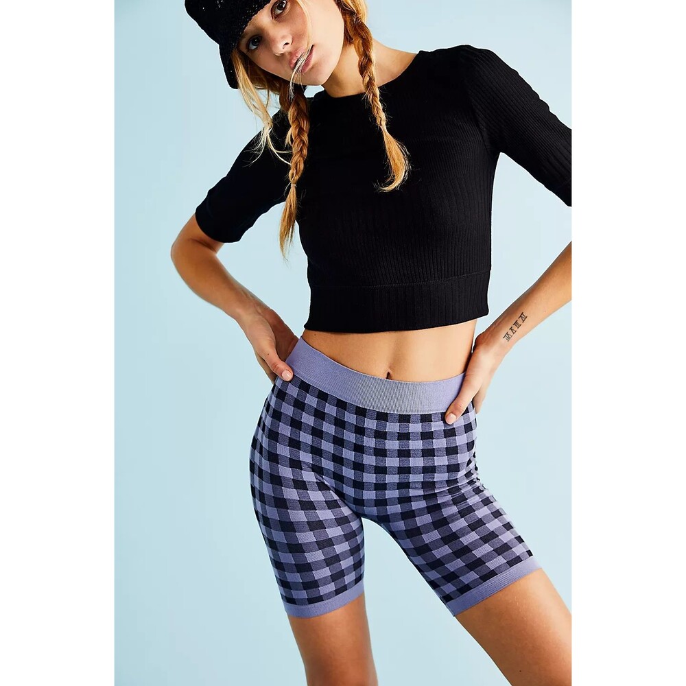 FREE PEOPLE Intimately Seamless Rib Bike Short XS/S Grid Combo Purple Plaid B55